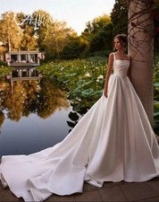 Satin Wedding Dresses A-Line Bridal Gowns Boat Neck Sleeveless Sweep Train
