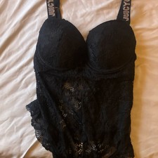 GUESS Women s Black Bodysuit Semi-Transparent Rhinestone Logo Adjustable Straps