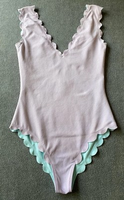 Marysia One Piece Swimsuit Scalloped Reversible V-Neck Purple Blue Womens S EUC