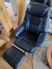Somo A/S Black Leather Recliner Chair & Footstool Set, Light Wood Frame