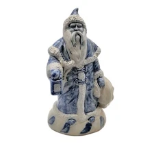 Vtg 90s Rowe Pottery Works Salt Glazed Santa Figurine Blue Artist Signed 1991 