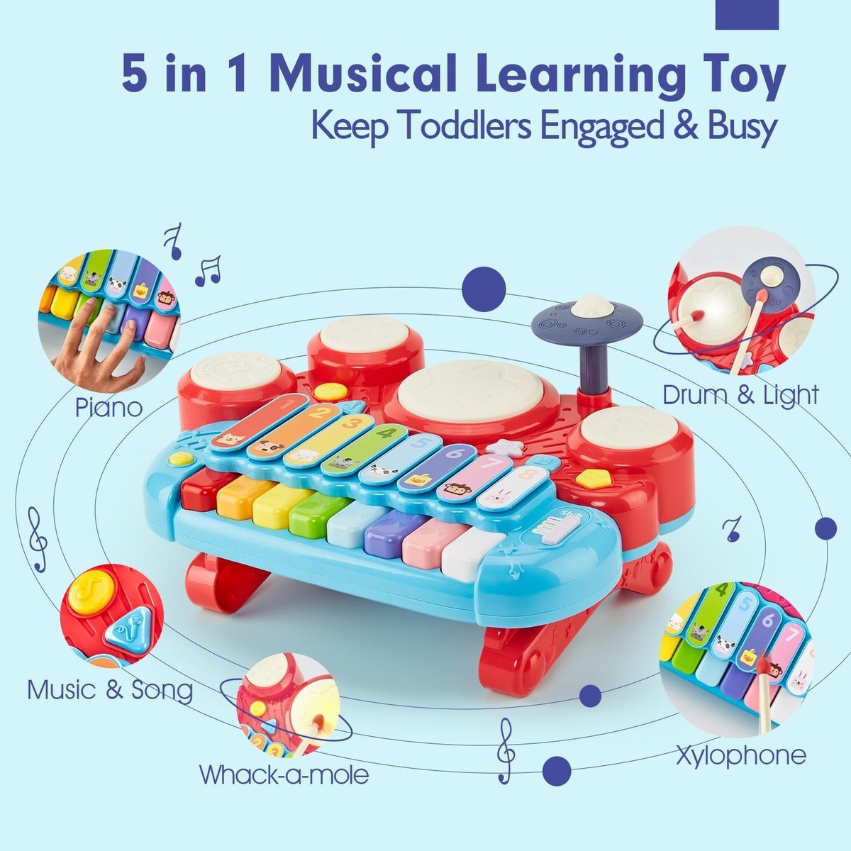 Baby Musical Toys, 3 in 1 Piano Keyboard Xylophone Drum Set for 1