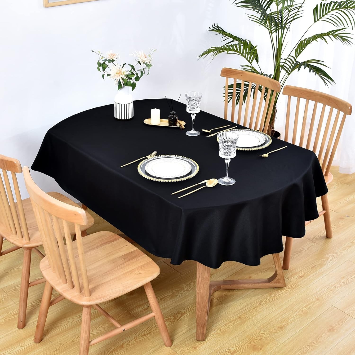 Oval Tablecloth 60 x 84 Inch Washable Fabric Table Cloth Solid Black Table Cover