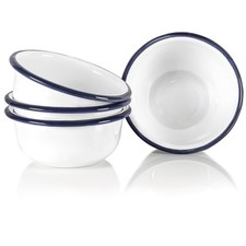 Set of 4 Enamelware Metal 7 oz Mini Ice Cream Bowls, Solid White/Navy Blue Rim
