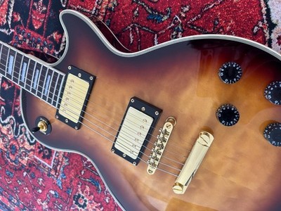 Les Paul Custom Style Electric Guitar, Quilted Maple Top Tobacco Burst Gold Hard