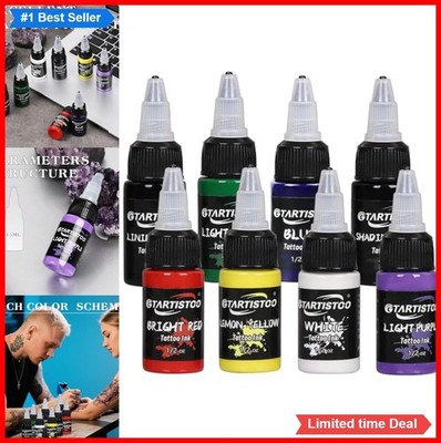 Tattoo Ink Set 8 Color 0.5oz Each Water Based Pigment Long Lasting Body Art