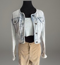 VTG 80s Glam LA Gear Cropped 2 Sided Buttons Collarless Denim Jacket.s/m