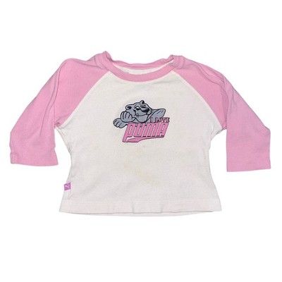 Puma Y2K Girls Pink White Raglan Long Sleeve Shirt I Love Puma Graphic Size 4