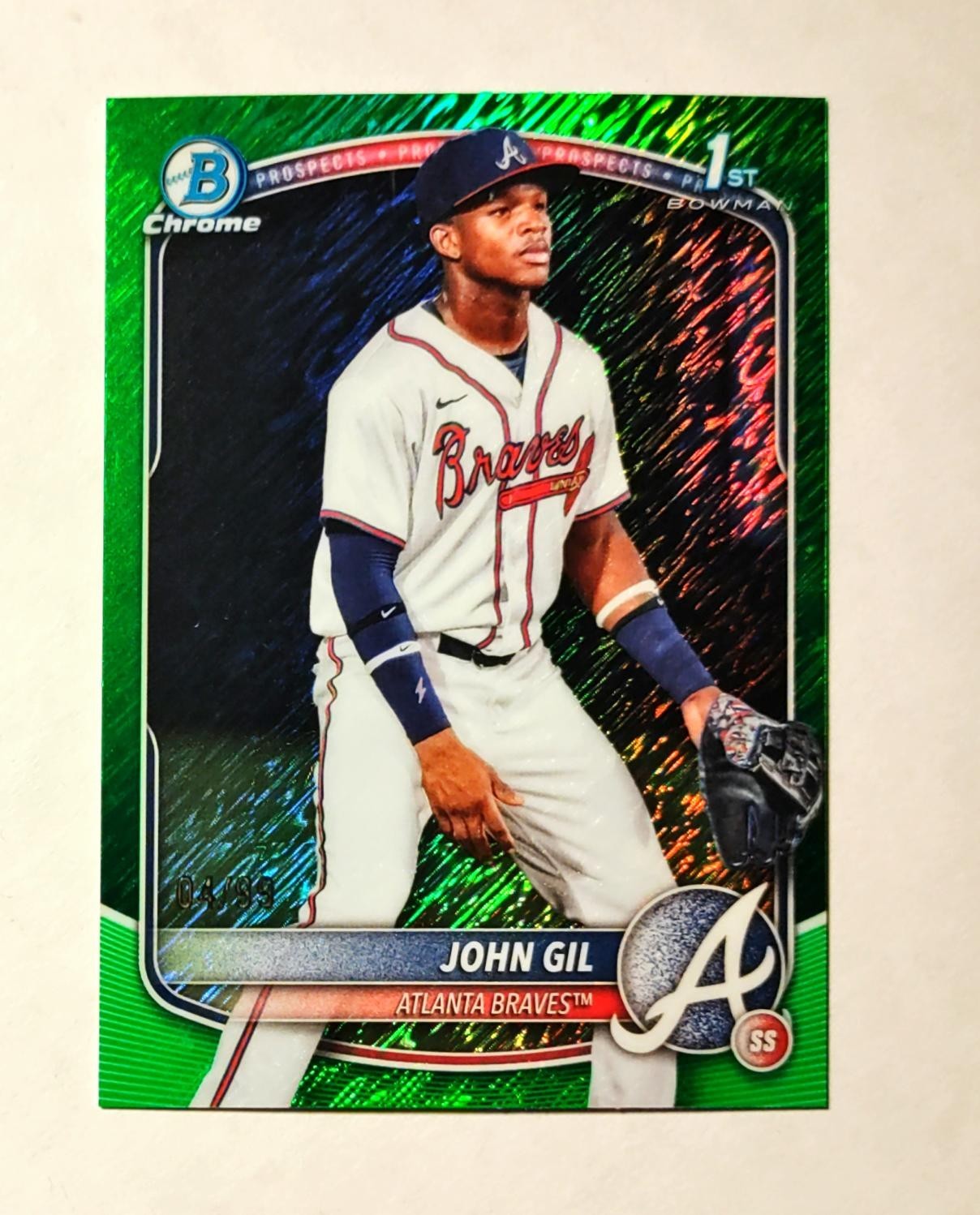 John Gil 2025 1st Bowman Chrome GREEN Shimmer REFRACTOR 04/99 Braves #BCP-172 P6