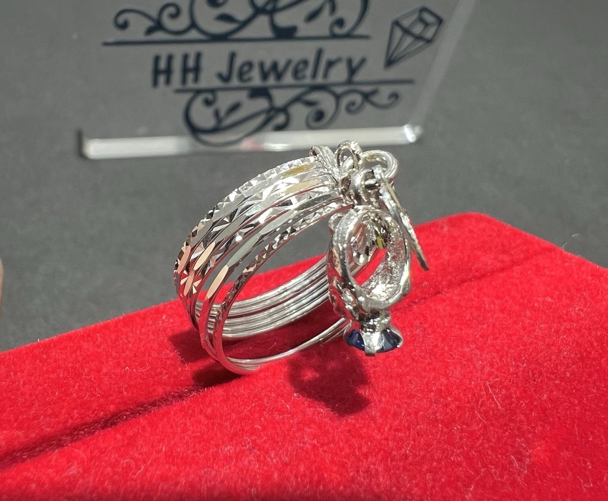 18K White Gold 7 Days Diamond Cut Ring With Heart And Blue 