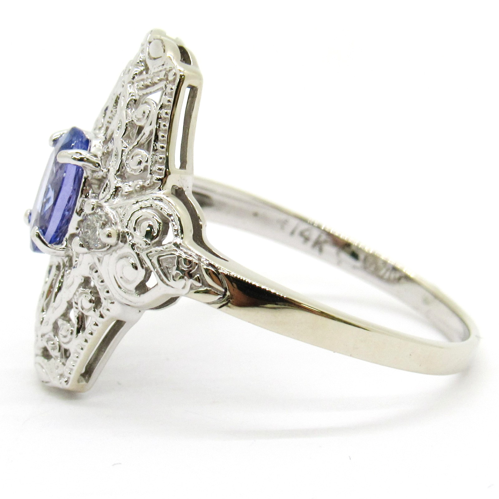 VINTAGE STYLE LADIES 14K WHITE GOLD FILIGREE VERTICAL TANZANITE & DIAMOND RING
