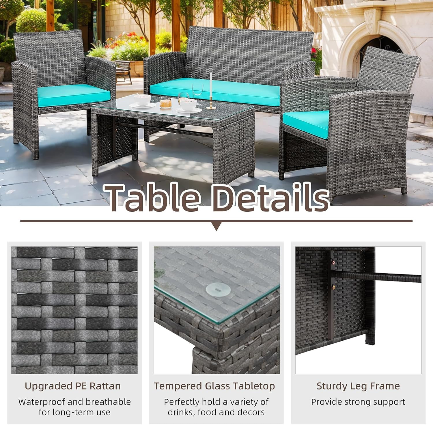 4 Piece Patio Ratten Set Outdoor Furniture Set Wicker Conversation Set with Cush thumbnail 3