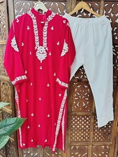Red Handmade Rayon Chikankari Straight Kurti with Pant Ethnic Wear Dress