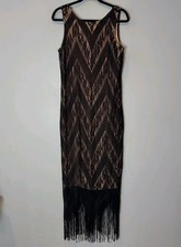 Vtg 90s Gatsby 1920s Fringe Maxi Flapper Dress Size 14 Black Art Deco Party