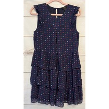 J. Crew Navy Blue Silk Lip Print Tiered Ruffle Sleeveless Dress Size 6