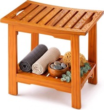 Solid Wood Shower Bench Bathroom Waterproof Shower Stool w/ Storage Shelf Handle