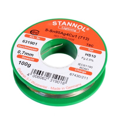 Lötzinn 100 Gramm ø0,7mm Sn95,5Ag3,8Cu0,7 Lötdraht bleifrei Hersteller: Stannol