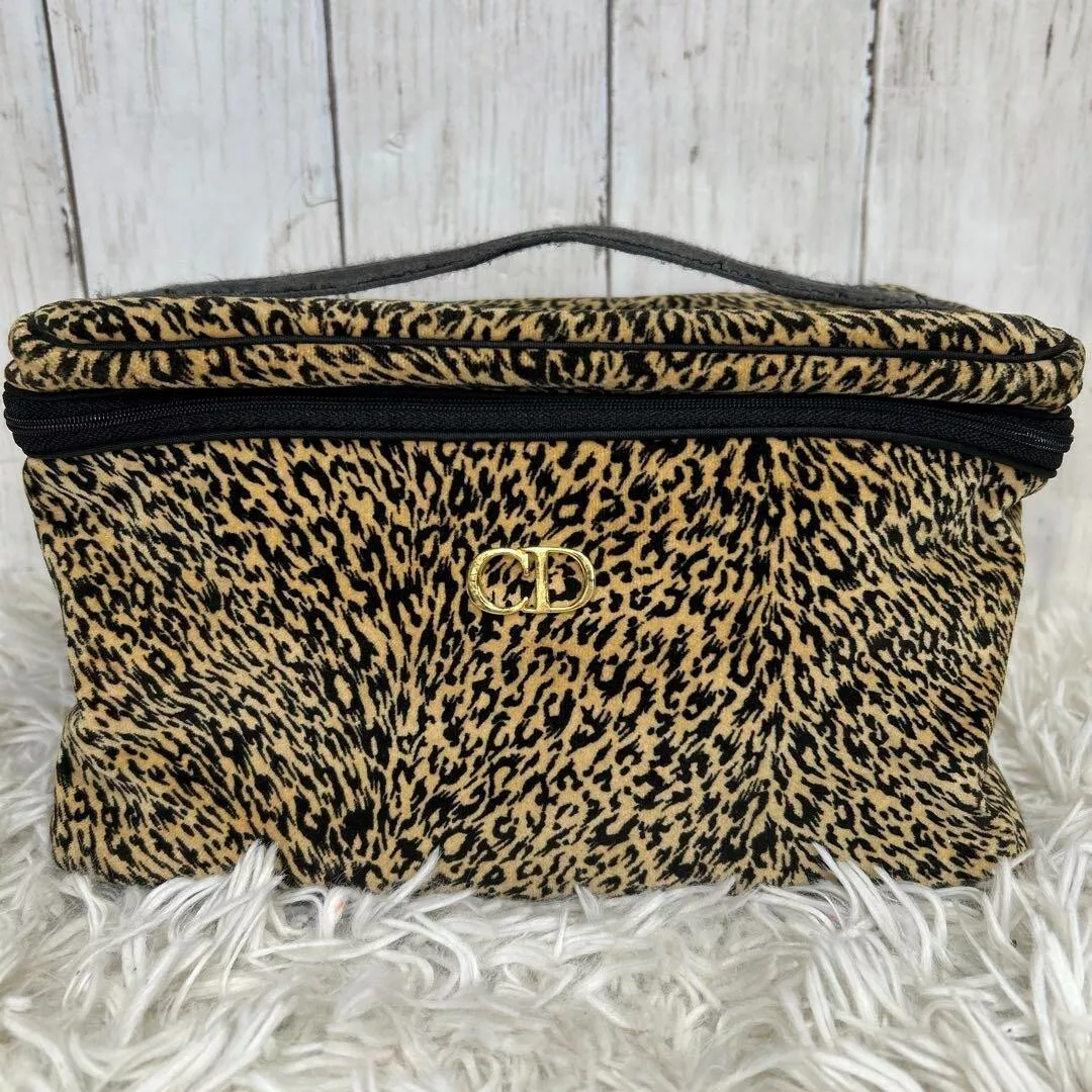 CHRISTIAN DIOR CD Logo Vanity Bag Pochette Sac à Main Imprimé Léopard Fourrure Noir Marron