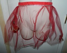 Vintage Mid Century Red Silver Tulle Christmas Apron with Holly Berry Applique