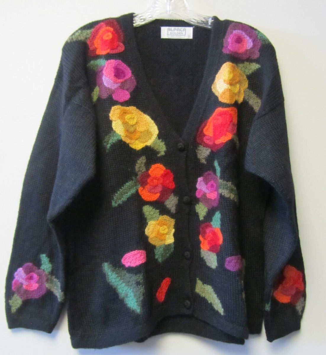 Vintage Ladies Alpaca Cardigan Sweater Size S Black w/ Flowers