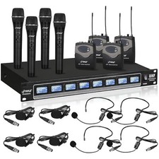 Pyle 8-ch. Wireless Microphone System Uhf Receiver Kit 4 Headset & Handheld Mics
