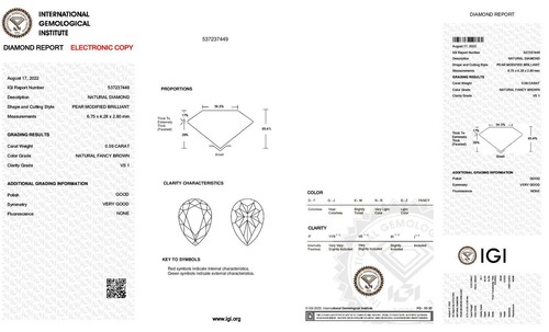 Brown Diamond Pear Shape Natural Fancy Color Loose 0.59 Carat VS1 IGI Certified - Picture 3 of 6