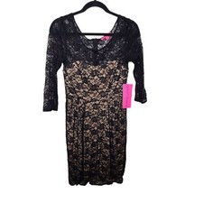 Betsey Johnson Womens SZ 8 Mini Black Dress w Cream Lining/Sequins Lace LBD NWT