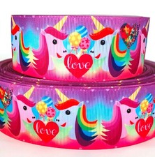 GROSGRAIN RIBBON 7/8", 1.5" Valentine's Day Hearts Unicorns Printed For Gifts