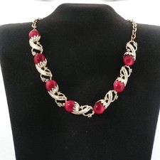 Vintage Gold Tone Red Glass Cabochon Floral Rhinestone Statement Necklace