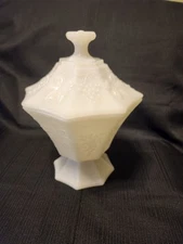 Vintage White Milk Glass Pedestal Compote/Candy Dish w/ Lid~Grape Pattern~8"Tall