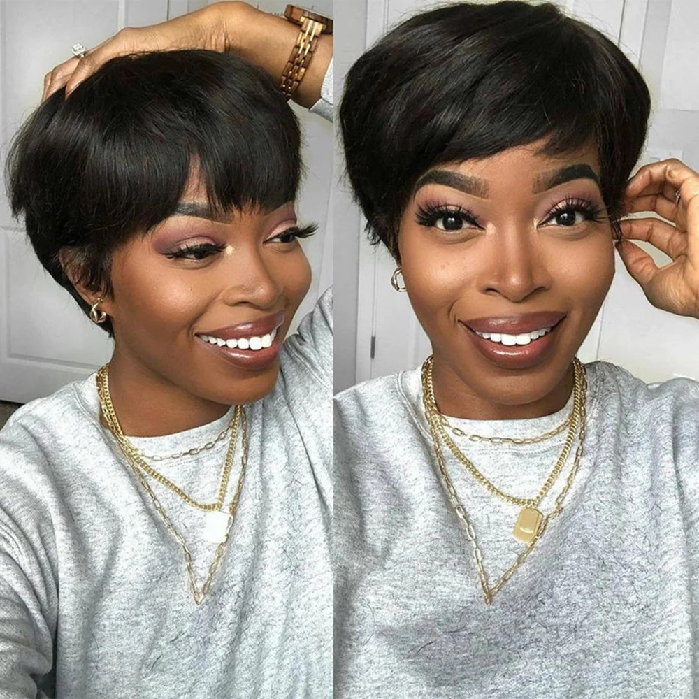 Peluca de cabello humano corte pixie corto negra para mujer hecha a máquina pelucas negras naturales flequillo