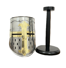 Templar Knight Helmet   Medieval Steel Armor Replica with free wooden stand