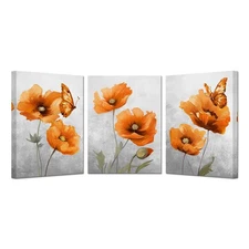 KREATIVE ARTS 3 Pieces Orange Flower Canvas Wall Art Flower Poppy Blossom Pic...