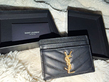Saint Laurent Black Chevron Quilted Card Wallet YSL Logo Credit Card Slots