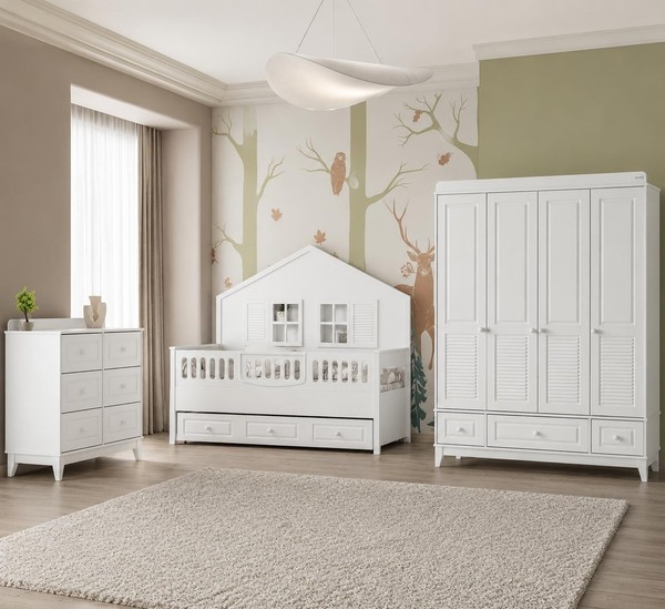 WeißEs Kinderzimmer Set Mit Kinderbett Kleiderschrank Und Kommode-image