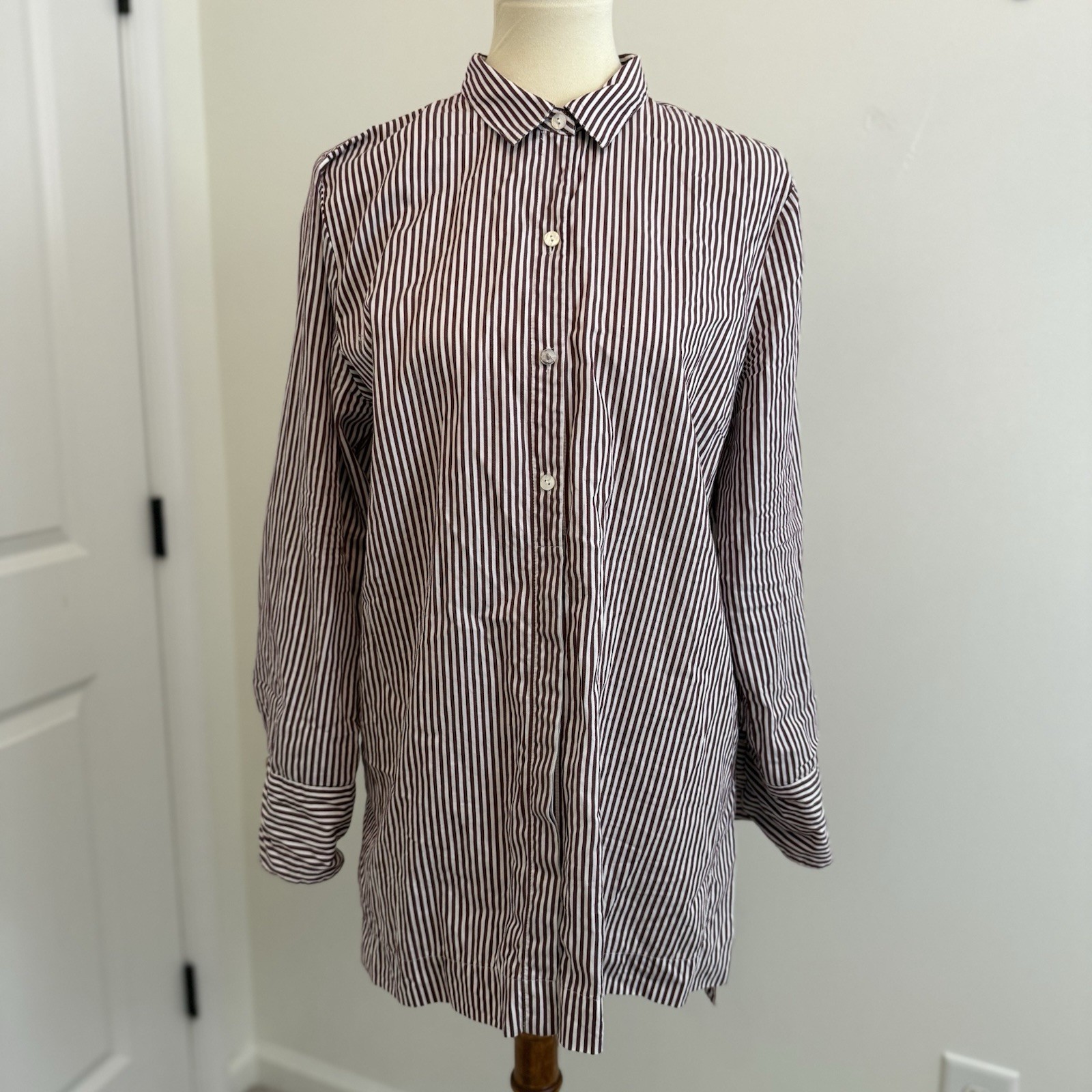 J. Jill Womens L Tunic Long Sleeve Maroon Striped Button Down Shirt Cotton Silk