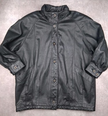 Jacqueline Ferrari Leather Jacket Size Large Black Lined Full Button 90s EUC