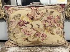 Large 17”x22” Antique Aubusson Pillow Cover Floral Border Design Fringed Edge