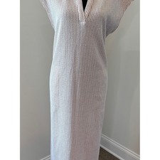 LOFT Midi Dress Cream Dusty Rose Stripe Knit Coastal Casual Pocket Small