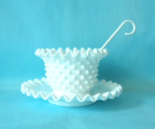 Fenton White Milk Glass Hobnail Mayonnaise Plate Bowl Set with White Spoon