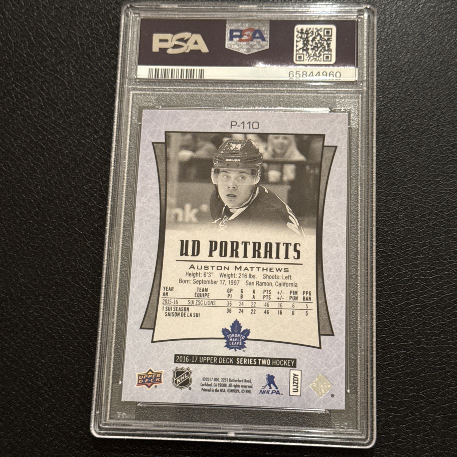 2016 Upper Deck Auston Matthews UD Portraits Rookie Card RC #P-110 PSA 10 Gem Mt view 2