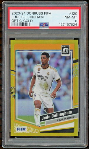 2023-24 Donruss FIFA Optic #120 Jude Bellingham Gold /10 Prizm Real Madrid PSA 8