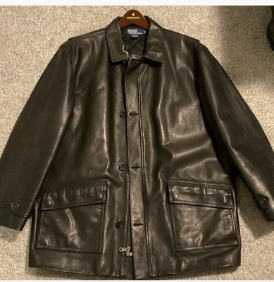 Polo Ralph Lauren Men's Black Leather Car Coat Button Lined Mid-Length 48R