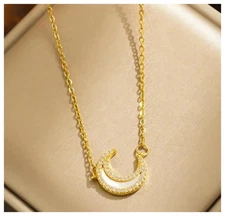 White mother of pearl crescent moon - Necklace - Gold - CZs - 18"