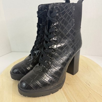 STEVE MADDEN Women's Boots Latch Heeled Black Crocodile-Embossed Side-Zip Sz. 9M