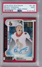 2018-19 OPC Platinum Hockey Brady Tkachuk RC Auto Red Prism #14/50 PSA 9