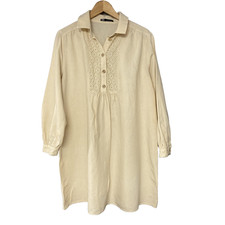 Zara Mini Dress Womens Small Beige Linen Blend Oversized Embroidered Smock