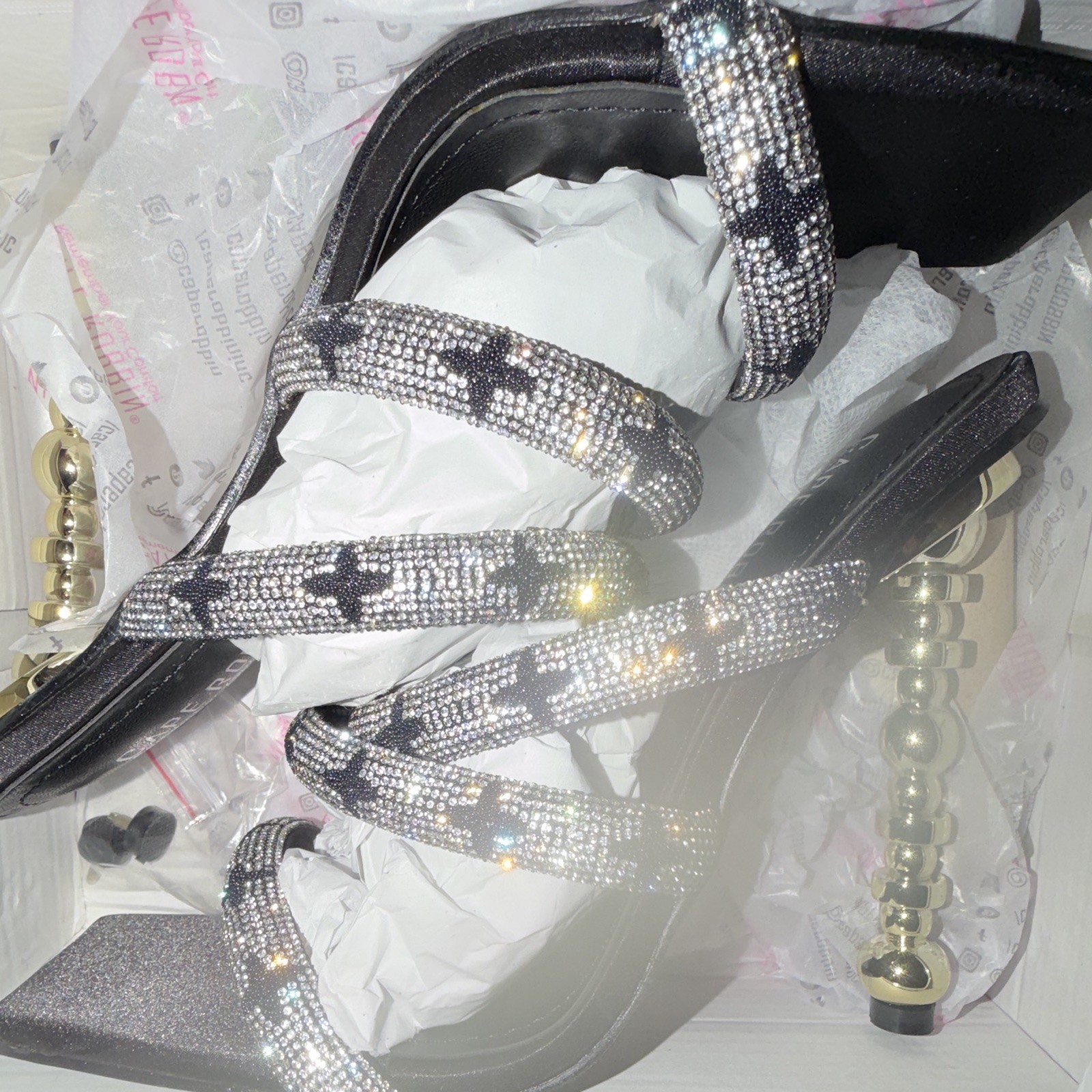 Cape Robbin Women's Strappy Rhinestone Square Toe Slip On Heels Black/Silver 7.5