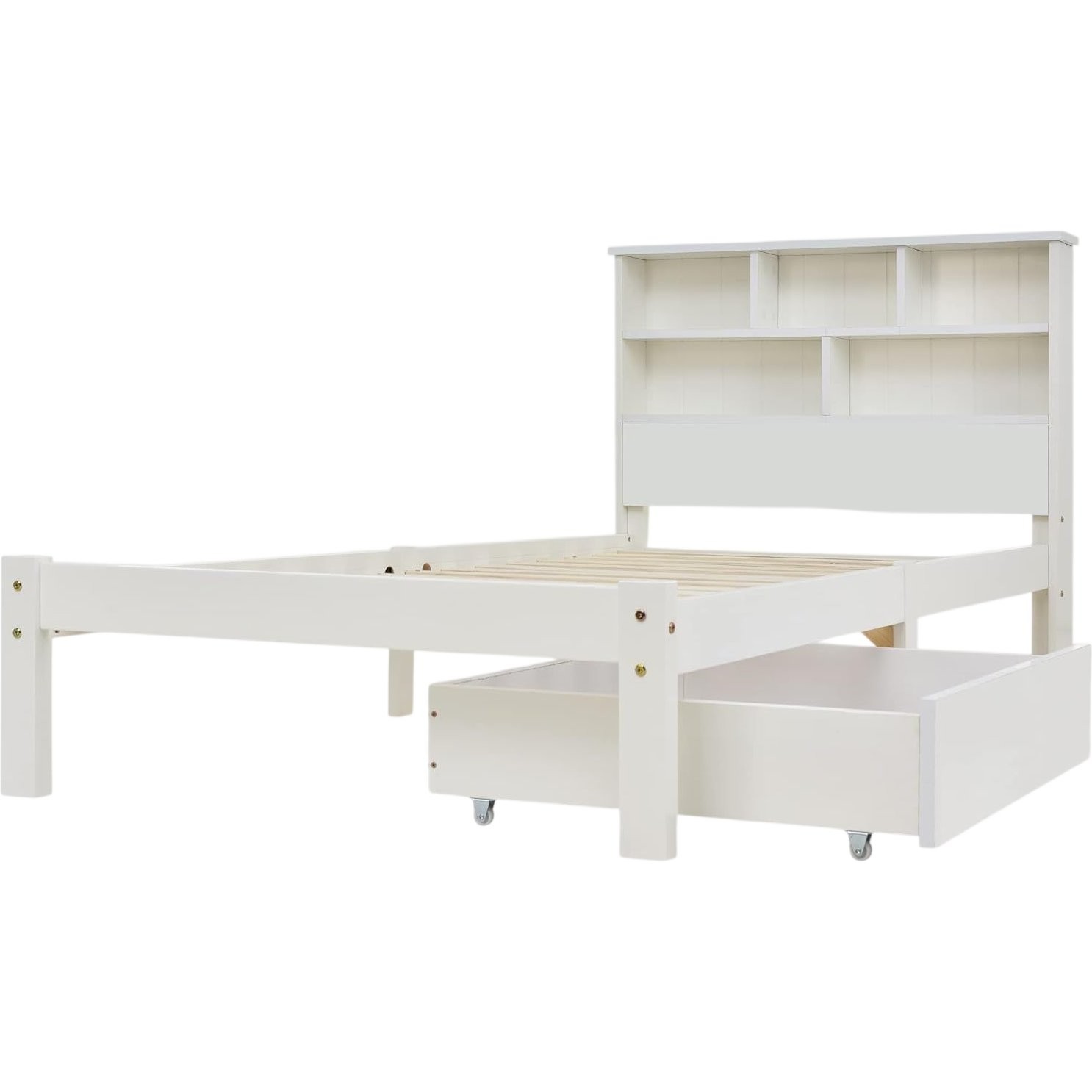 BTM White Single Storage Bed with Bookshelf Headboard Wooden Frame Collect NN5