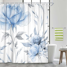 Watercolor Floral Fabric Shower Curtain, Blue Modern Plants Minimalist Aesthetic